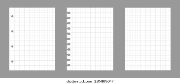 Set of notebook sheets isolated on gray background. Realistic white blanks of checkered paper. Different vertical pages from diary. Vector template.