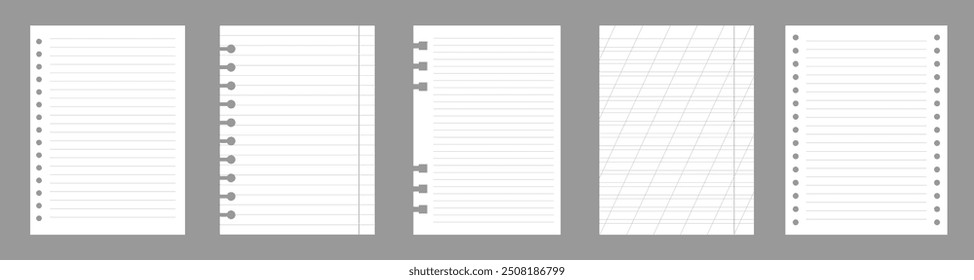 Conjunto de folhas de notas isoladas sobre fundo cinza. Brancos realistas de papel forrado. Páginas verticais diferentes do diário. Modelo de vetor.