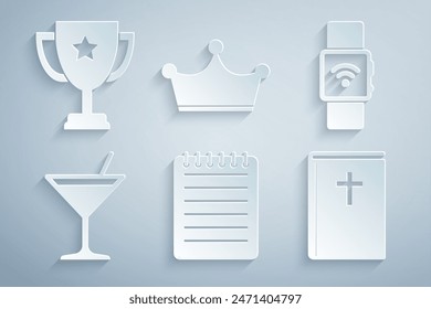 Set Notebook, Smartwatch with wireless, Martini glass, Holy bible, Crown and Trophy cup icon. Vector