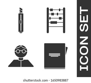 Set Notebook, Stationery knife, Student and Abacus icon. Vector