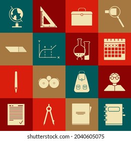 Set Notebook, Student, Calendar, Briefcase, Pie chart infographic, Eraser or rubber, Earth globe and Test tube and flask chemical laboratory test icon. Vector