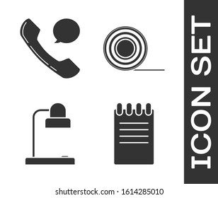 Set Notebook, Telephone handset and speech bubble chat, Table lamp and Scotch icon. Vector