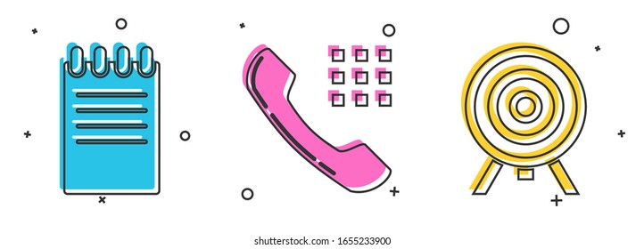 Set Notebook, Telephone handset and Target icon. Vector