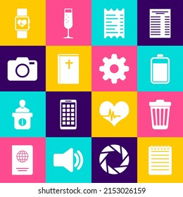 Ajuste el portátil, la barra de basura, la batería, el papel o la comprobación financiera, la biblia sagrada y el icono de la cámara fotográfica. Vector