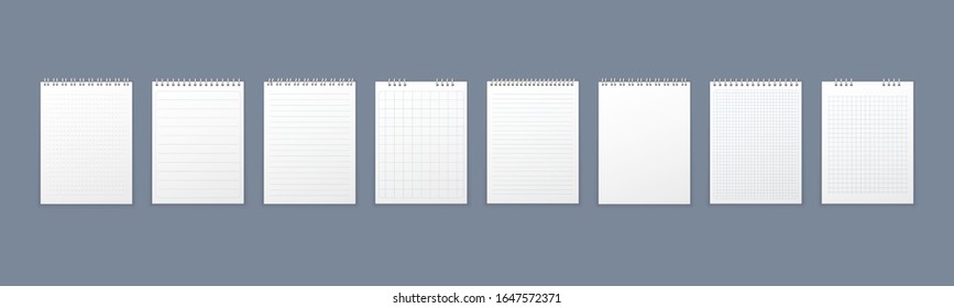 Set of notebook with white paper on gray background. Realistic diary with metal spiral. Artistic design clean notebook blank layout template. Paper sheets in flat style. Vector illustration, EPS 10.