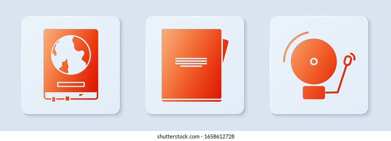 Set Notebook, World map on a school blackboard and Ringing alarm bell. White square button. Vector