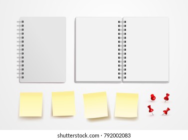 Set of notebook and Yellow sticky note mock up. Empty pages copybook with metal spiral template. Realistic closed and open notebook. Vector illustration. Isolated on white background
