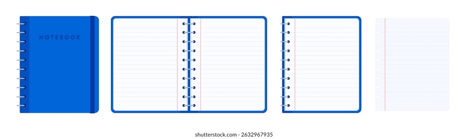 Set of notebooks with blue cover and lined paper shown closed, open, and as individual page. School, office, journaling concept. Flat vector illustration with copy space isolated on white background