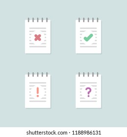 Set: notebooks with check mark icons. Vector illustration, flat design