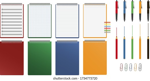 A set of notebooks with different types of pages and different colors. stationery set