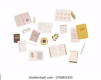 Set of notebooks, notepads, memo pads, planners, organizers for making writing notes.  Colorful vector illustration in flat style.