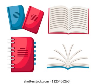 Set of notebooks. Spiral and normal notebook. Flat office icon. Closed and opened notebooks. Flat vector illustration isolated on white background.