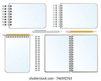 Set of notebooks with spring, pen and pencil