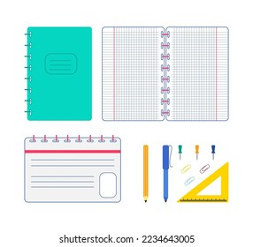 Set of notebooks and stationery, vector illustration for design Education Day, study or office work