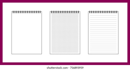 Set of notepad papers in cage, ruler and blank on white background