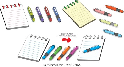 A set of notepads and pens, which can be placed in different orientations.