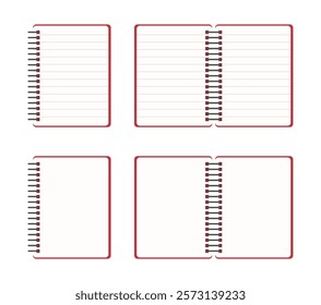 Set of notepads with ruled and blank white pages. Unfolded notebook and folded Vector illustration of spiral notebook. Isolated