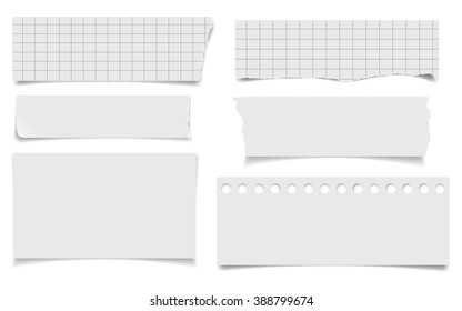 Set of  notepaper sheets with shadow isolated on white background. Squared and lined notebook page wit ragged edges. Torn ragged paper pieces. Realistic vector illustration of paper pieces.