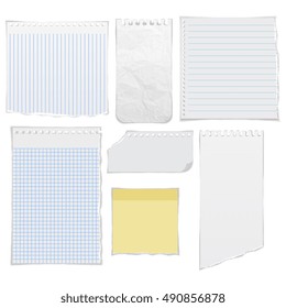 Set of notepaper sheets with shadow isolated on white background. Squared and lined notebook page wit ragged edges. Torn ragged paper pieces. Realistic vector illustration of paper pieces.
