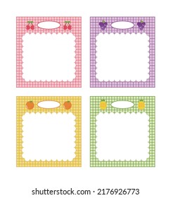 Set of notes, cards, stationery and frames with cute colorful checkered background and fruit icons.