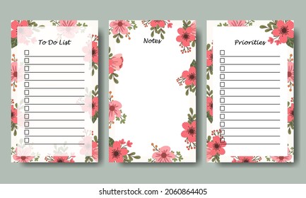 Set of Notes To Do List with Hand Drawn Florals Bouquet Illustration Background Printable