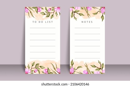 Set of notes to do list with hand drawn pink flowers and leaf 