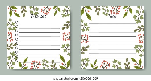 Set of Notes To Do List Square Template with Hand Drawn Green Leaf Illustration Background for Stationery Stuffs