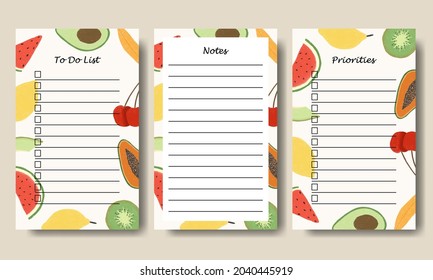 Set of Notes To Do List Template with Hand Drawn Fruits Illustration Background