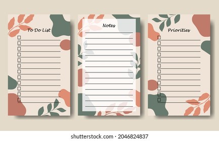 Set of Notes To Do List Template with Abstract Shape and Leaf Background Printable