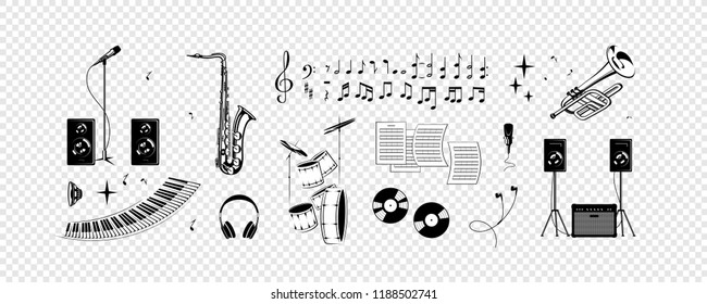 Set - notes, musical instruments, sound. Simplified vector illustration - Music.