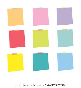 Set of notes, pinned adhesive tape, ready for your use. Notice board element. Perfect for back to school or business design theme. Isolated on white background. Front view. 