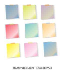 Set of notes with shadow, pinned adhesive tape, ready for your use. Notice board element. Perfect for back to school or business design theme. Isolated on white background. Front view. 