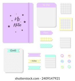Set for notes with sheets of paper, purple notebook, stickers with hearts, bookmarks, sticky tabs. Lined and squared colorful notes. Vector illustration, isolated.