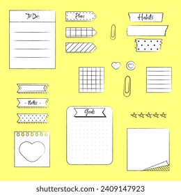 Set for notes with sheets of paper, stickers with hearts, bookmarks, sticky tabs, clips and adhesive tape. Lined and squared notes. Vector illustration, isolated.