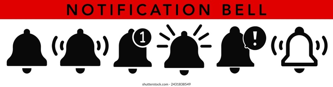 Satz des Benachrichtigungsglocken-Symbols für eingehende Posteingangsnachricht. Alarmsymbol. Klingeln. Alarm-Uhr und Smartphone-Anwendung Alarm. Social-Media-Element.	
