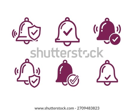 Set of notification bell icons with checkmarks and shields, conveying alerts and security