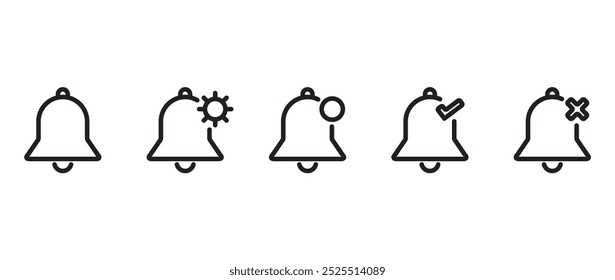 Set of notification bell icons. Bell icon in line shape, In the form of bell settings icon, Ringing and muted bell reminder icon, Notification icon vector illustration on transparent background. Eps10