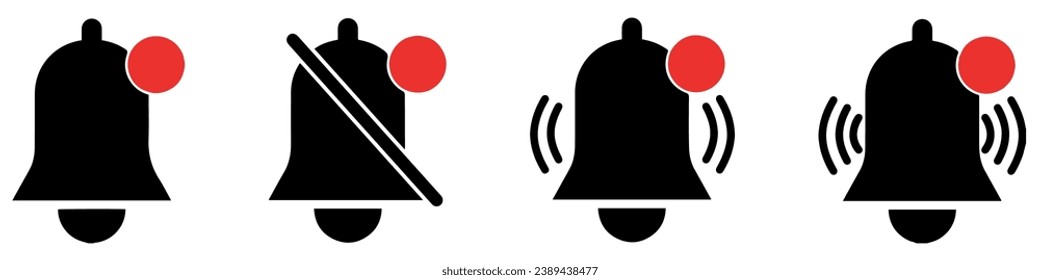 Conjunto de iconos de timbre de notificación. Llamada de notificación para el mensaje entrante. Nueva notificación para recordatorio de medios sociales, señal de alarma. Notificaciones, llamadas, mensajes, iconos de timbre para aplicaciones y sitios web. Vector.