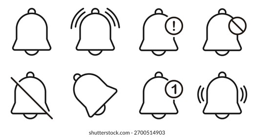 Ein Satz von Signaltonsymbolen in minimaler Linienart, die verschiedene Warnzustände wie aktiv, stummgeschaltet, neue Nachricht und Warnung anzeigen.