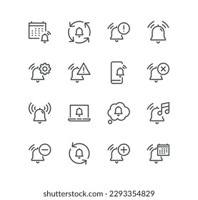 Set of notification bell related icons, alarm clock, calendar reminder, user message alarm, phone ring, time reminder and linear variety vectors.