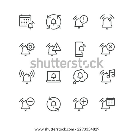 Set of notification bell related icons, alarm clock, calendar reminder, user message alarm, phone ring, time reminder and linear variety vectors.