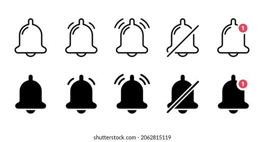 Set of Notification Bells and Silent Mode Concept Line and Silhouette Icon. Ringing Doorbells for Mobile Phone App. Notice Symbol on Smartphone. Bell with Red Button. Isolated Vector Illustration.