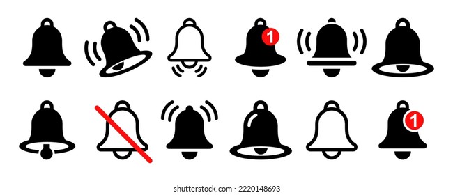 Set of notification bells vector icon. Ringing bell on white background. New notice or incoming message. Vector 10 Eps.