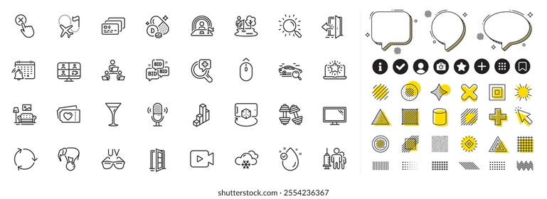 Set of Notification calendar, Search and Medical vaccination line icons for web app. Design elements, Social media icons. Video camera, Card, Teamwork icons. Vector