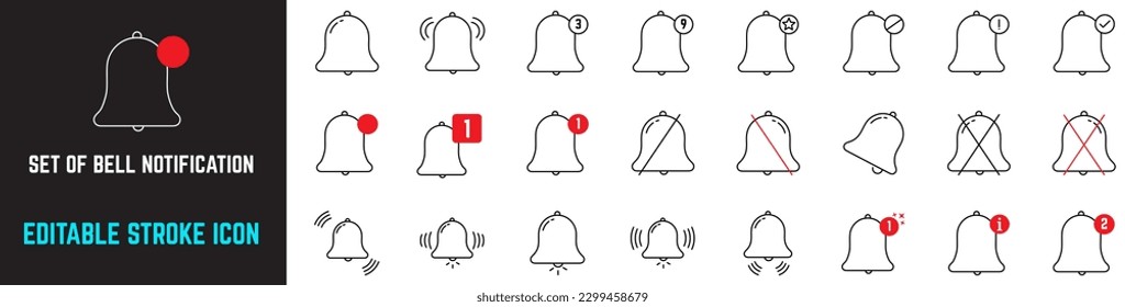 Set of Notification Editable Stroke Line Icons. Contains such Icons as Mute, Do Not Disturb, Notice, Alert, Bell Notification for clock and more, Thin Line Icon