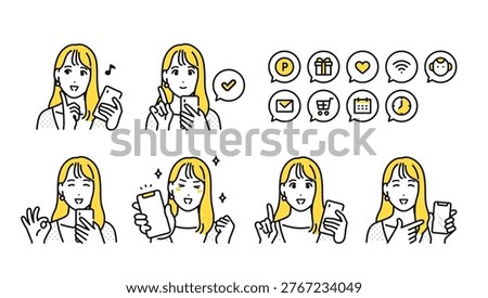 A set of notification icons featuring a cheerful woman in her 20s looking at her smartphone