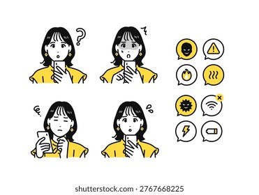 A set of notification icons featuring a cute woman in her 20s with a slightly grumpy expression looking at her smartphone