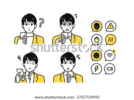 A set of notification icons featuring a young man in business casual attire holding a smartphone and experiencing smartphone issues