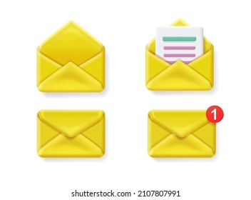 Set of notification mail envelope icons Opened closed Envelopes, message or sms reminder, newsletter symbol 3d vector.