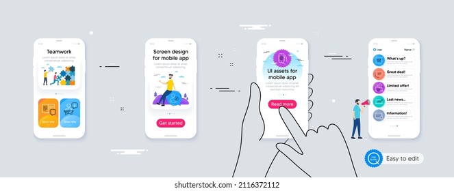 Set of Notification, Podium and App settings line icons. Phone ui interface. Include Edit user, Manual, Quick tips icons. Sales diagram, Approved, 5g internet web elements. Vector